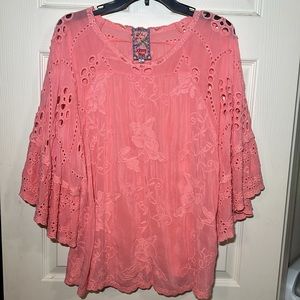 Johnny Was Roman Ruffle Blouse Coral Sunset in Cupra Rayon Medium